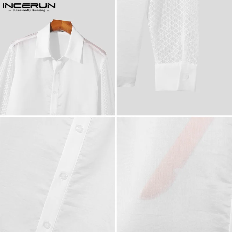 INCERUN Tops 2024 American Style Fashion Men\'s Mesh Splicing Hollow Slightly Transparent Shirts Casual Long Sleeved Blouse S-5XL