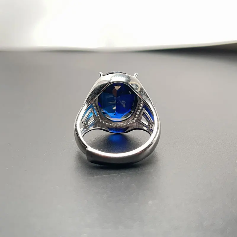 Royal Blue Man Made Sapphire Ring for Men 13mm*18mm Blue Crysal 925 Silver Ring with 3 Layers 18K Gold Plating