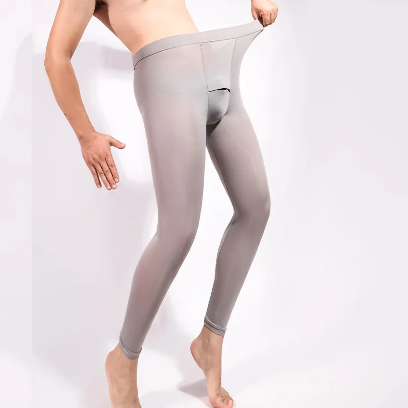 Men's Sexy Pantyhose Ultra-Thin Self Heating Thermal Bottoms Elastic Base Layer Long Johns Transparent See-Through Underwear