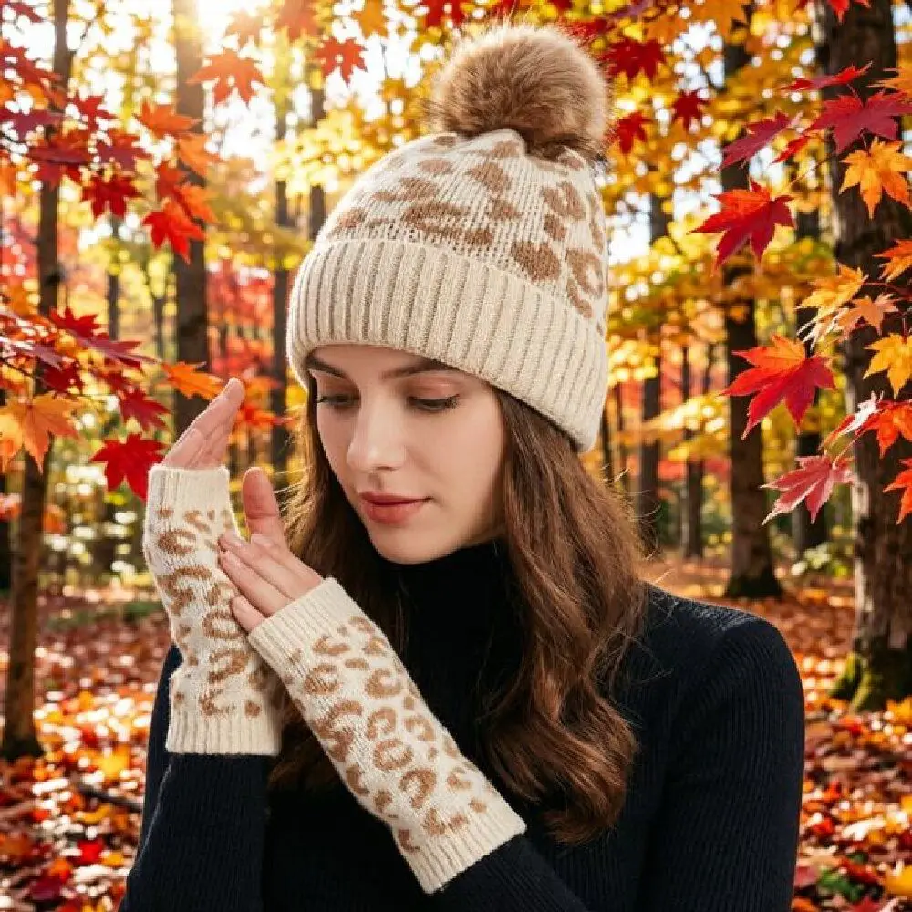 2Pcs/Set Fashion Leopard Print Hat Gloves Set Soft Thickened Knitted Beanie Knitted Mittens Pullover Hat Daily