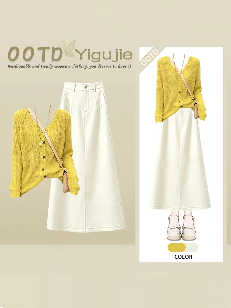 Yellow Knitted Open Cardigan And A-Line  Skirt Women's Fashion Set Autumn Season Light Maturity Style Korean Version Whit...