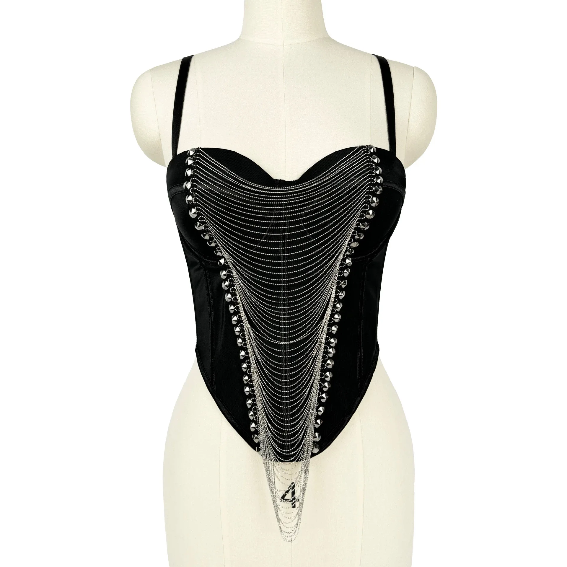 Women Chain Fringe Rivet Fishbone Corset Bustier Spaghetti Strap Padded Push Up Crop Top Slim Party Stage Performance Camisole