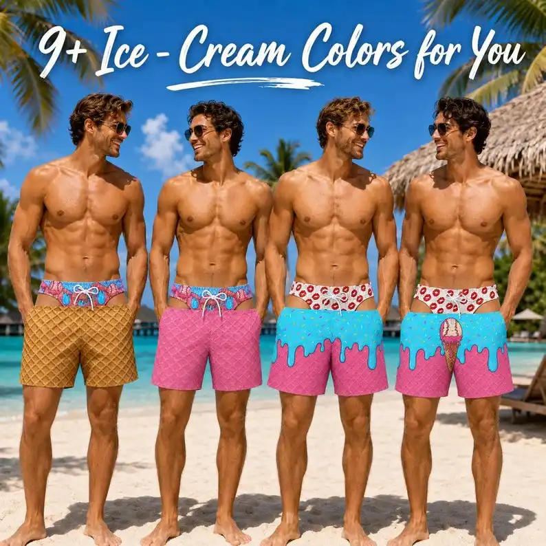 Fun Beach Party Swim Trunks for Men Funny Ice Cream 3D Printed Beach Shorts Summer Fashion Boyfriend Husband Fun Gift
