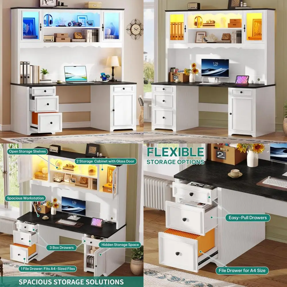 

Элегантный комплект для домашнего офиса: письменный стол с навесной полкой, компьютерный стол с LED-подсветкой, тумбы для хранения в белом и черном цветах