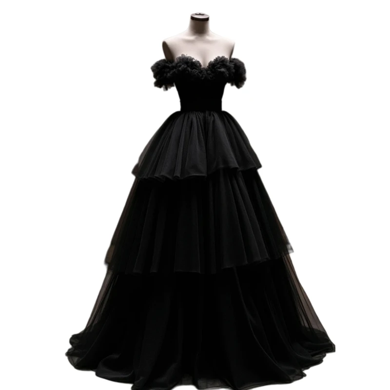 Vintage Black Prom Dress Off Shoulder Tiered A-Line Long Evening Gown Ruffles Sweetheart Neckline Back Lace-Up Customized