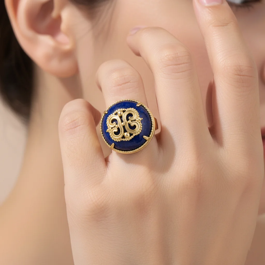 Vintage Gold Color Lapis Lazuli Big Round Ring for Women Adjustable Open Ring Exquisite Baroque Style Jewelry Gift