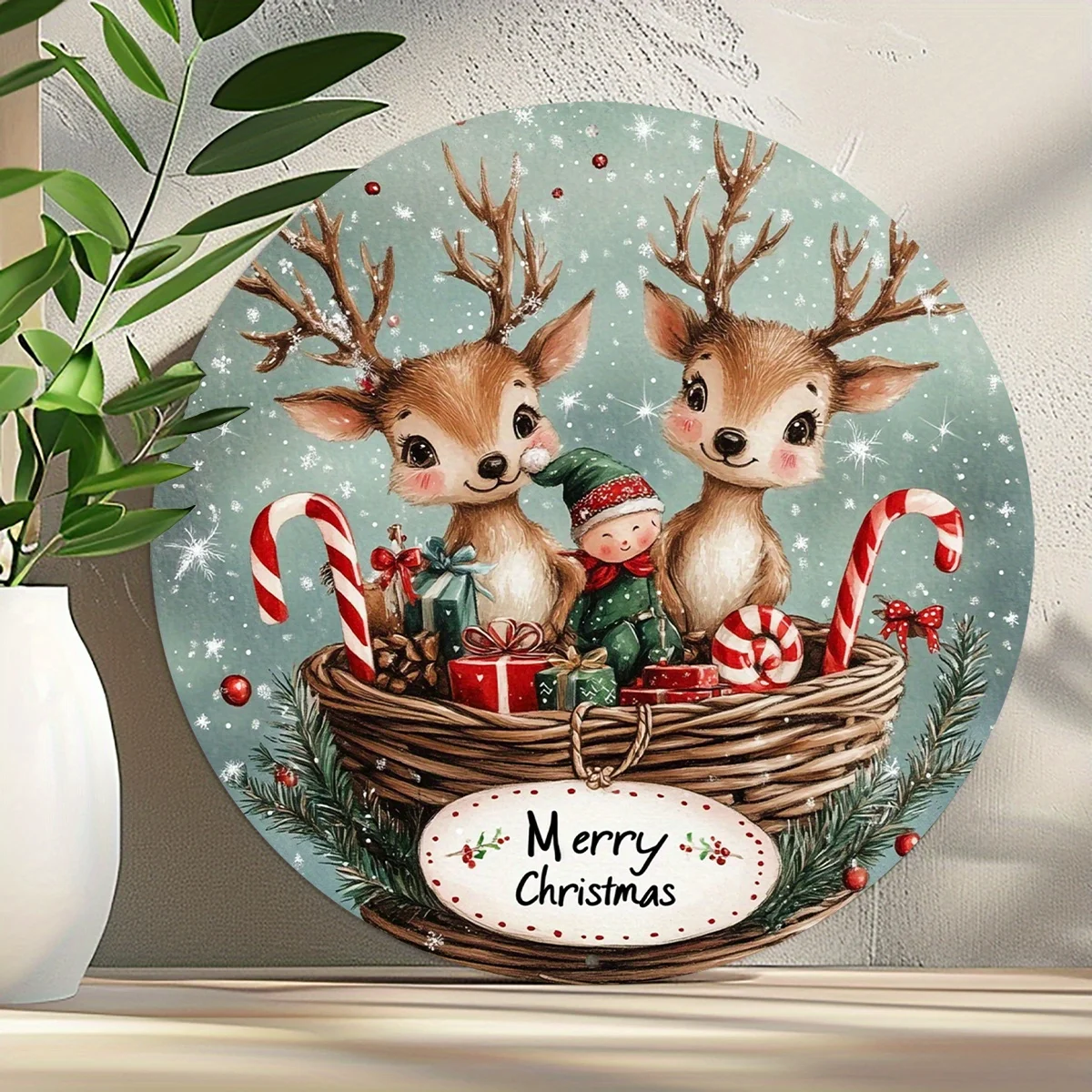 2D Flat, 1pc, 2D Cute Fawn Merry Christmas Round Aluminum Flat Sign, Decoration for Office Room, Home Door, Holiday Gifts, Wall