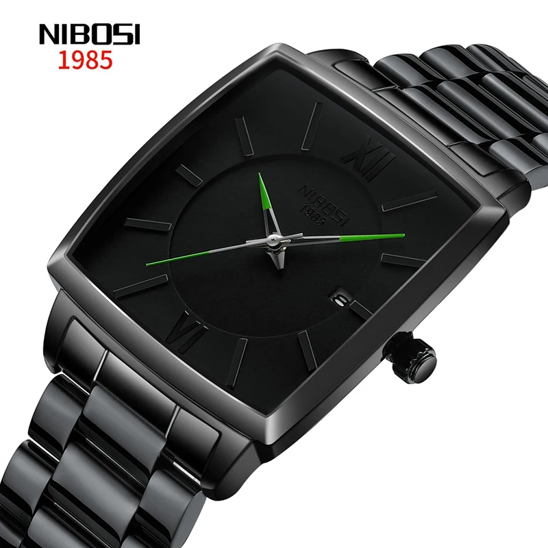 

NIBOSI Brand New Fashion Square Black Quartz Watch for Men Luxury Stainless Steel Waterproof Date Mens Watches Relogio Masculino