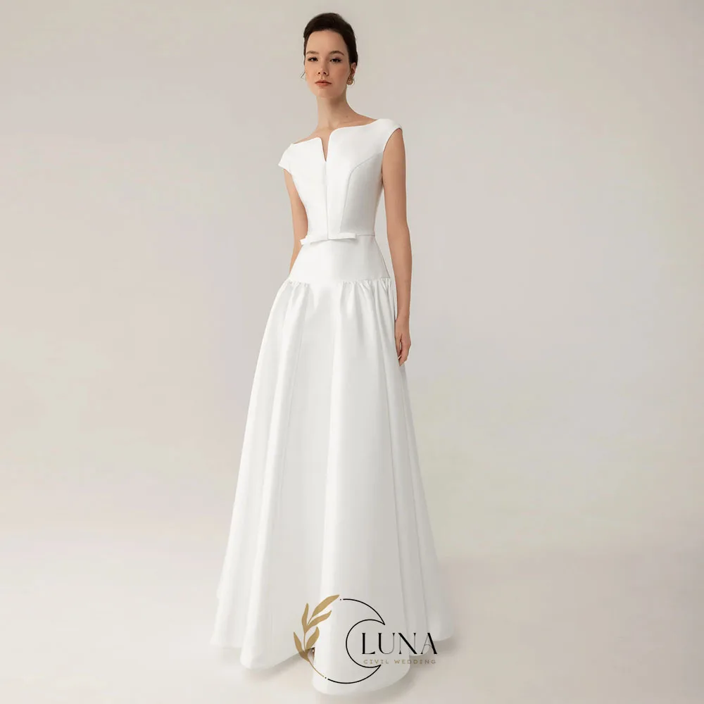 Luna Customized Cap Sleeves A Line Wedding Dresses Simple Floor-Length Bride's Evening Dress Eleagnt Satin Wedding Prom  Gown