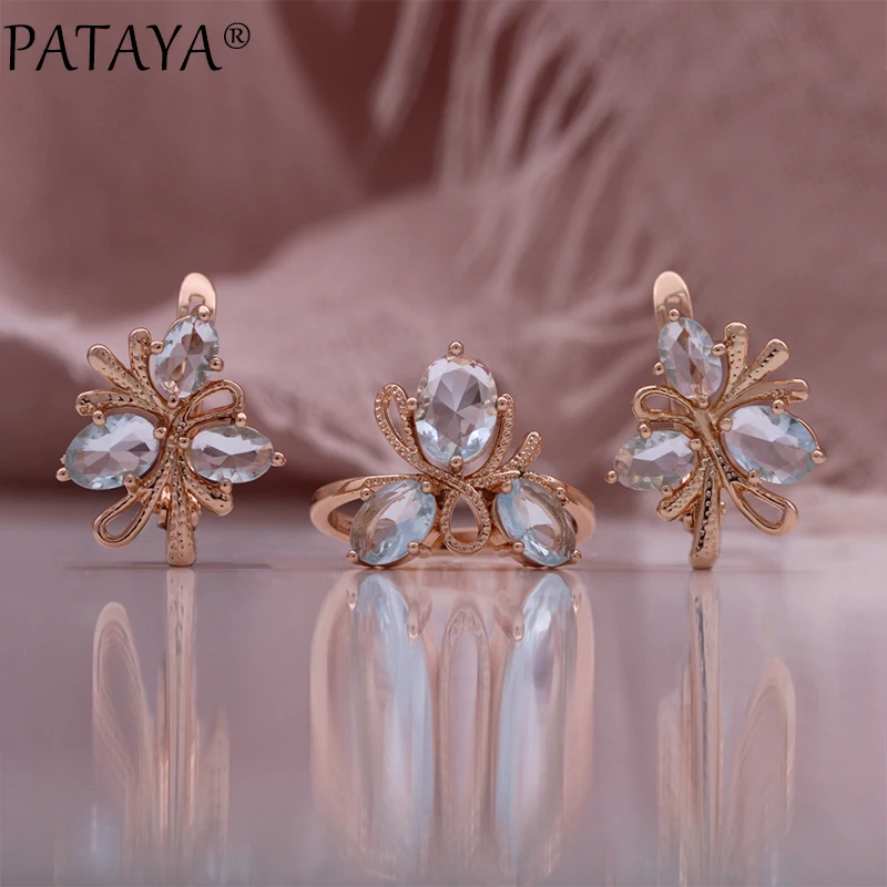 PATAYA New Flower Style Natural Zircon Women Sets 585 Rose Gold Color Dangle Earrings Wedding Party Fine Fashion Jewelry Set