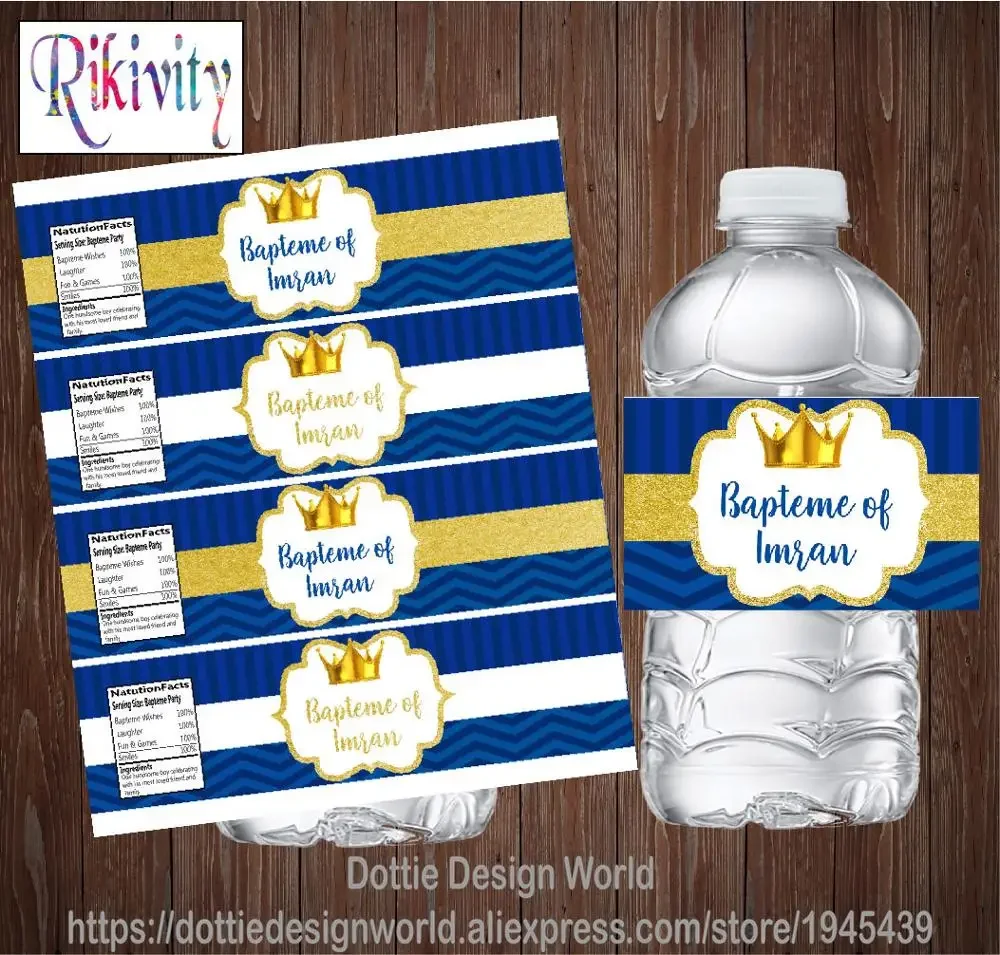 Personalised Prince Crown Blue Birthday Water Bottle Labels Stickers Candy Wrapper Baby Shower Festival Party Decor Supplies