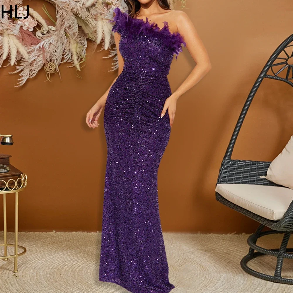 

HLJ Fashion One Shoulder Feather Splicing Sequin Bodycon Evening Party Long Dress Women Sexy Sleeveless Slim Sparkling Clothing