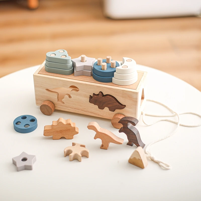 Coche de juguete de inteligencia de dinosaurio de madera para niños, juguete cognitivo de forma multifuncional apilable para bebés, juguetes educativos Montessori para regalo