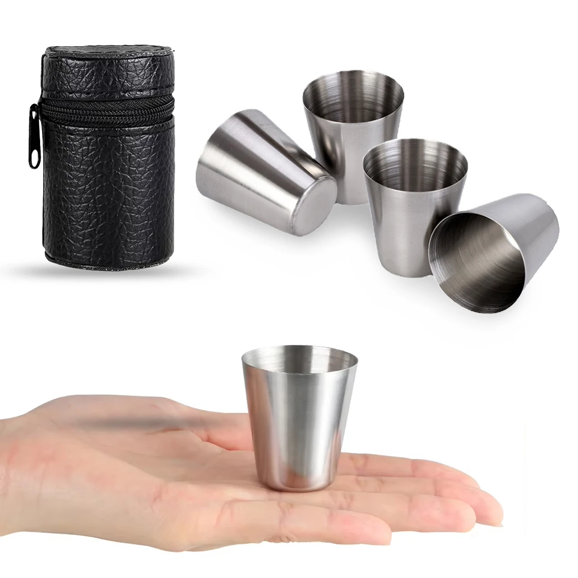 

4Pcs Foldable Polished Mini Stainless Steel Drinking Wine Glasses W/ Leather Bag Portable for Camping Picnic BBQ Beer&Coffee Cup