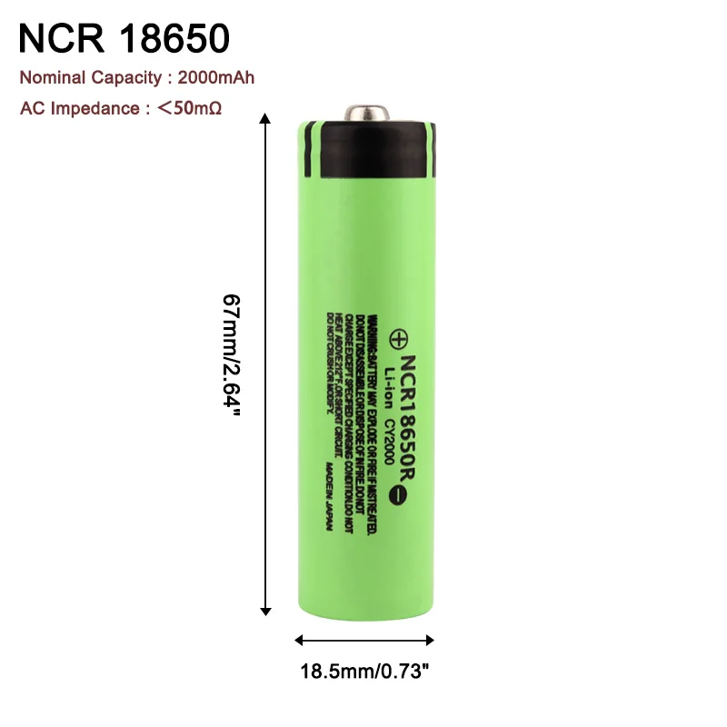 3.7 V Ncr18650r 2000 mAh 18650 lithium Rechargeable Battery For Flashlight Headlamp batteries（Pointed Top,No PCB）