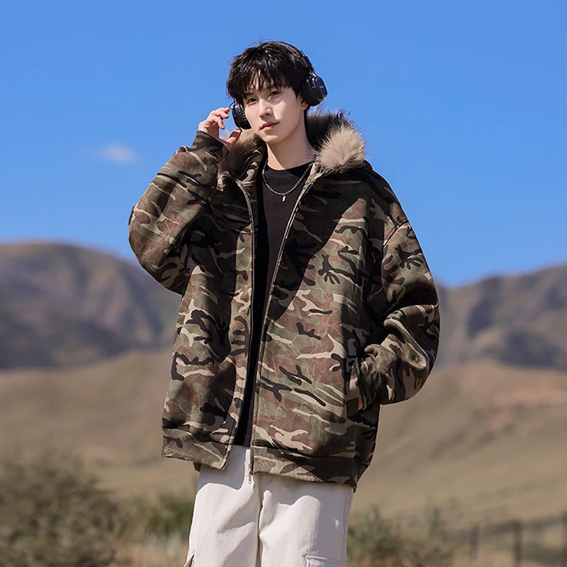 Outdoor Casual Sports Running Jacket Couple Style Fashionable Camouflage Hoodie Fur Collar Hooded Jacket Men Trendy Brand Hoodie