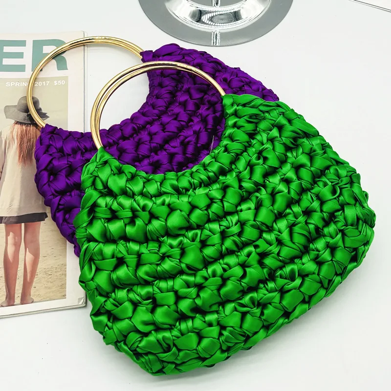 

Fashion Nylon Crochet Women Handbag Metallic Round Handle Clutch Bag Handmade Silk Ribbon Woven Bags for Women Knitting Purses