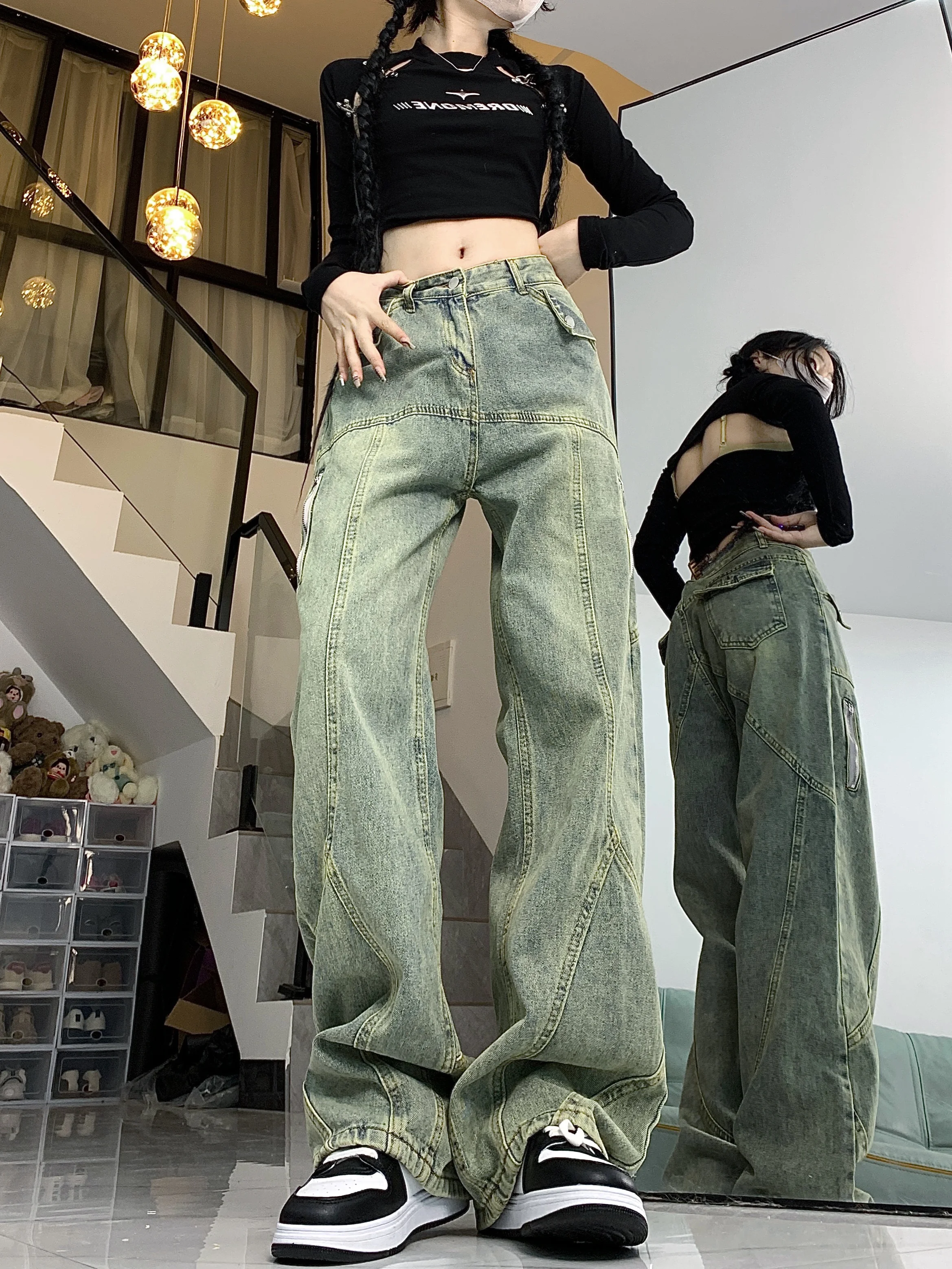 WCFCX STUDIO Loose Retro Washed Jeans Streetwear Women Zipper Baggy Pants Korean Style Straight Pants Wide Leg Jeans