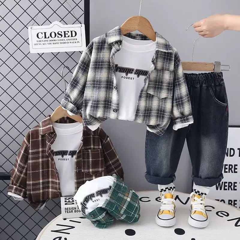 

Boys Suit Spring Autumn New Plaid Shirt Boys Clothes Fashion Fashionable Vintage Jacket Casual Match Three-piece Set 80-120cm