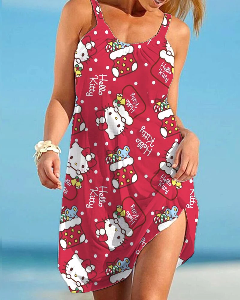 

2024 Summer Fashion Strap Sexy Casual Dress Oversized Women's Round Neck Sleeveless Beach Skirt Hello Kitty Women's Dress