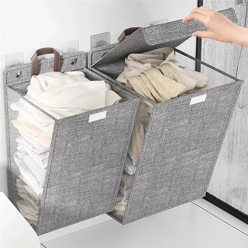 1 Pcs Foldable Adhesive Laundry Basket Hamper Multifunctional Punch Free Wall Hanging Washing Clothes Mesh Hook Organizer