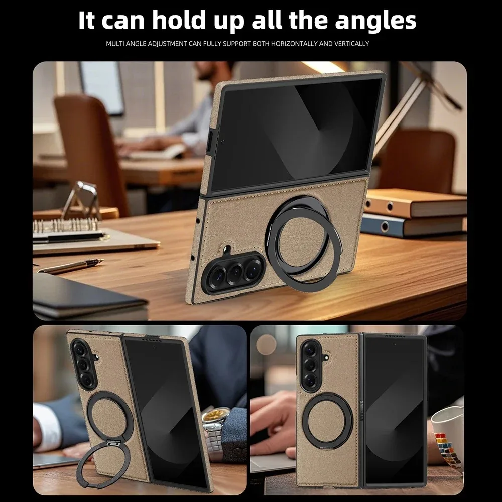 

High Quality Business Sle Bla Leather Metal Stand Phone Case for Samsung Galaxy Z Fold 7 6 5 4 3 Magnet Holder Protect Cover
