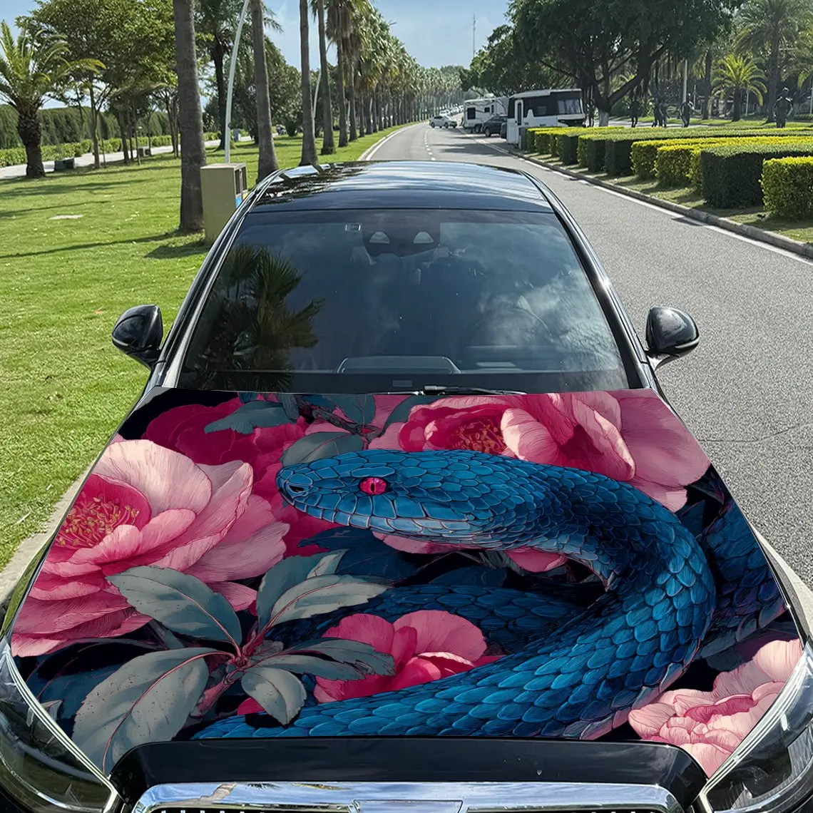 

Car Decals Striking Blue Snake Among Pink Flowers Car Hood Sticker, Waterproof Self - Adhesive Vinyl Graphics Decals, Decorative