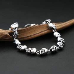 Vintage Punk Stainless Steel Skull Head Beaded Bracelet For Men Boys Gothic Domineering Street Rock Skull Bangles Biker Jewelry