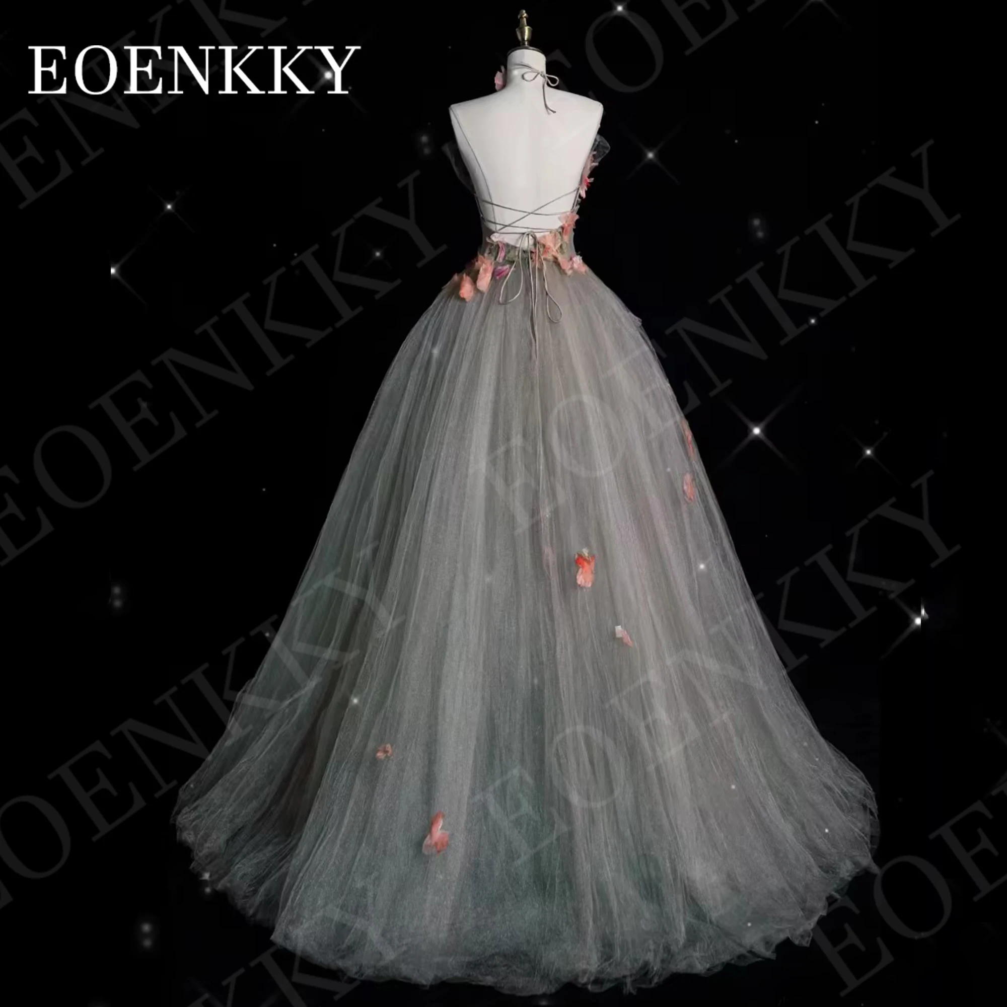 EOENKKY Graceful Prom Dresses Floor Length Evening Gown Backless Tulle Strapless 3D Flowers Bespoke Occasion Dress A Line V Neck