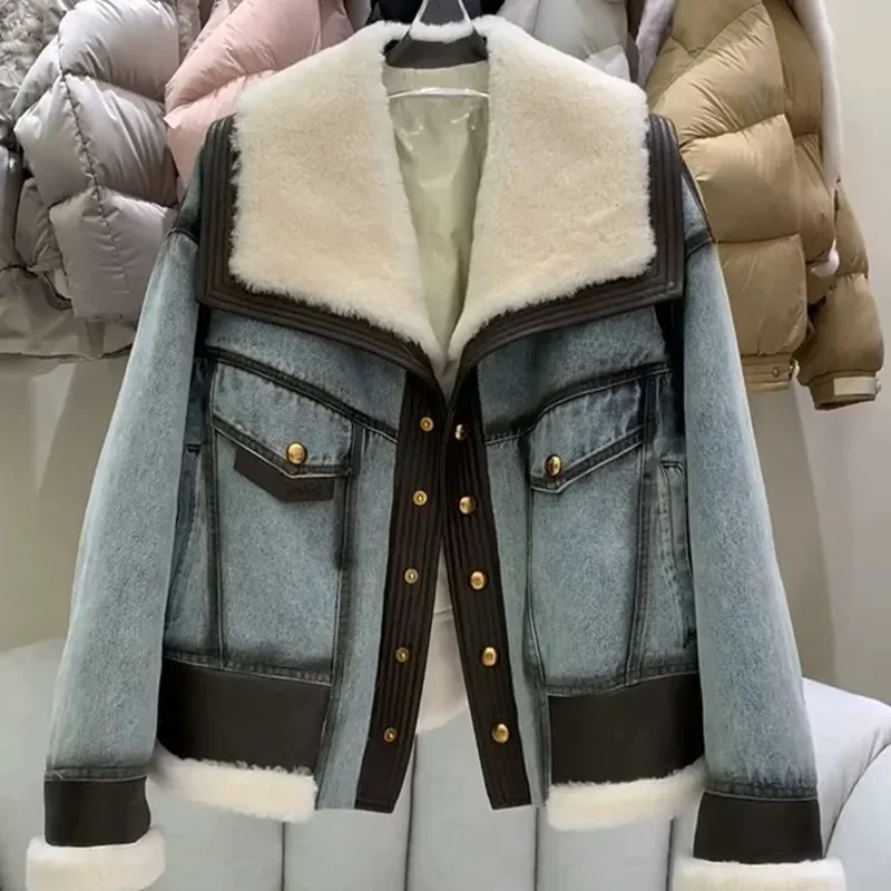 High Quality Denim Women’s Winter Jackets With Natural Sheep Leather with Fur Collar White Goose Down Liningm