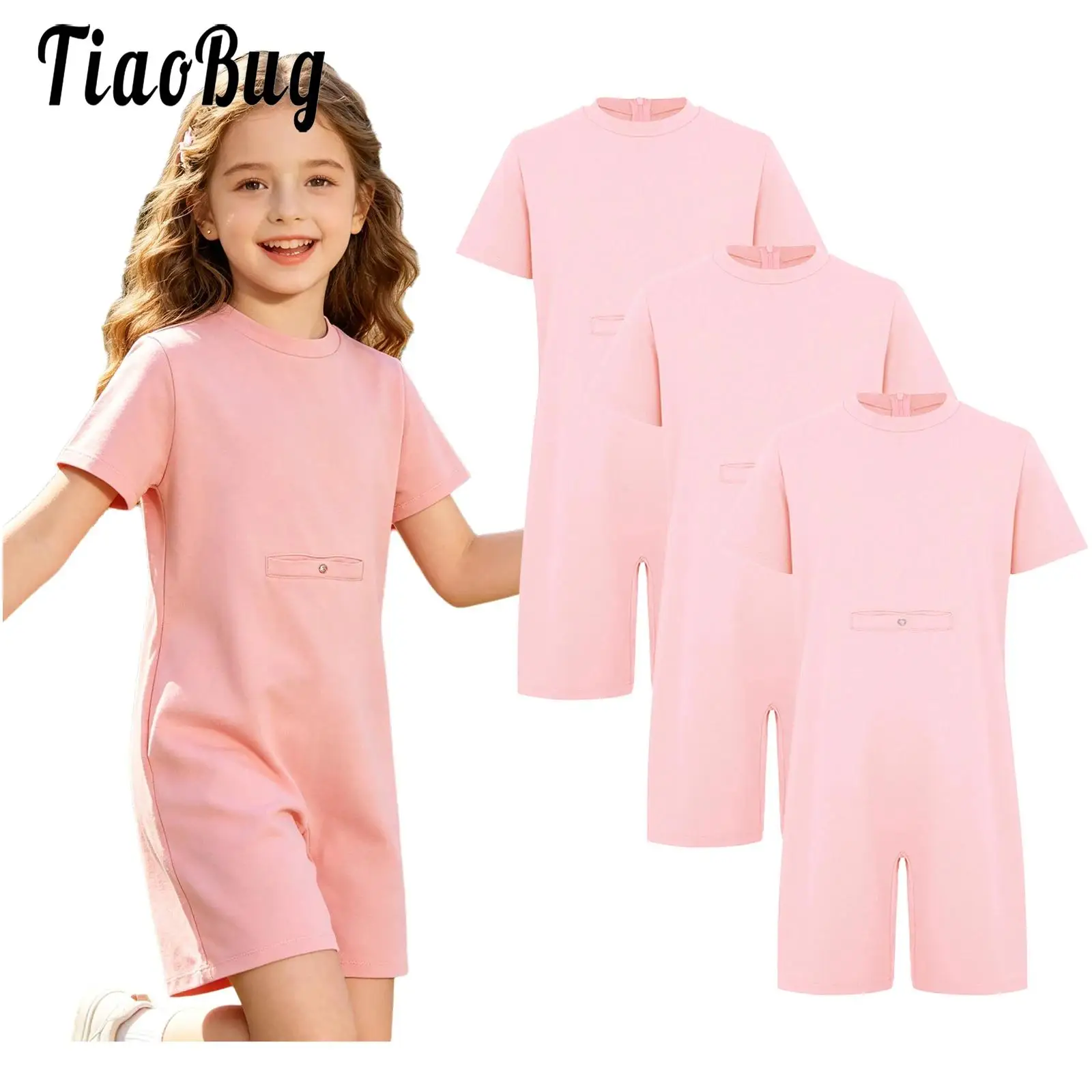 3pcs Kids Girls Boys Special Needs Adaptive Clothing Leotards Round Neck Short Sleeve Zipper Jumpsuit with Press Button Hole