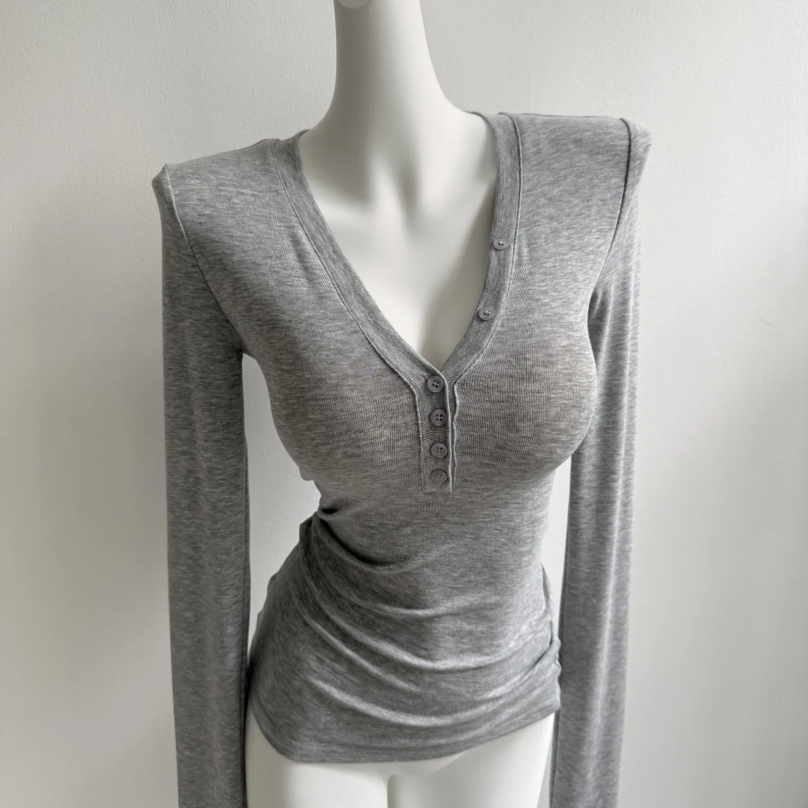 Women V Neck Button Placket Long Sleeve T Shirt Ribbed Ruched Slim Fit Solid Gray Basic Sheer Stretch Casual Tee Tops
