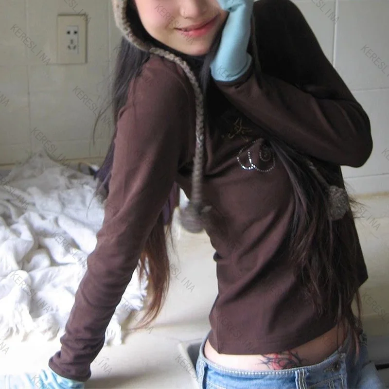 

Милый и милый ретро-пикантный топ для девочек, повседневный облегающий топ с длинными рукавами, Европа и Америка, осенне-зимний топ с длинными рукавами в стиле Y2k