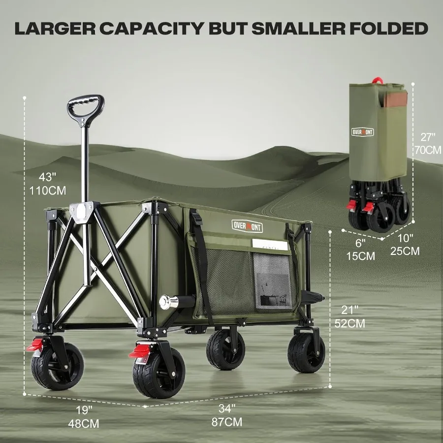 Chariot pliable avec roues Wagon robuste pliable de 180 L avec grandes roues tout-Terrain Capacité de poids de 330 lb avec côté P