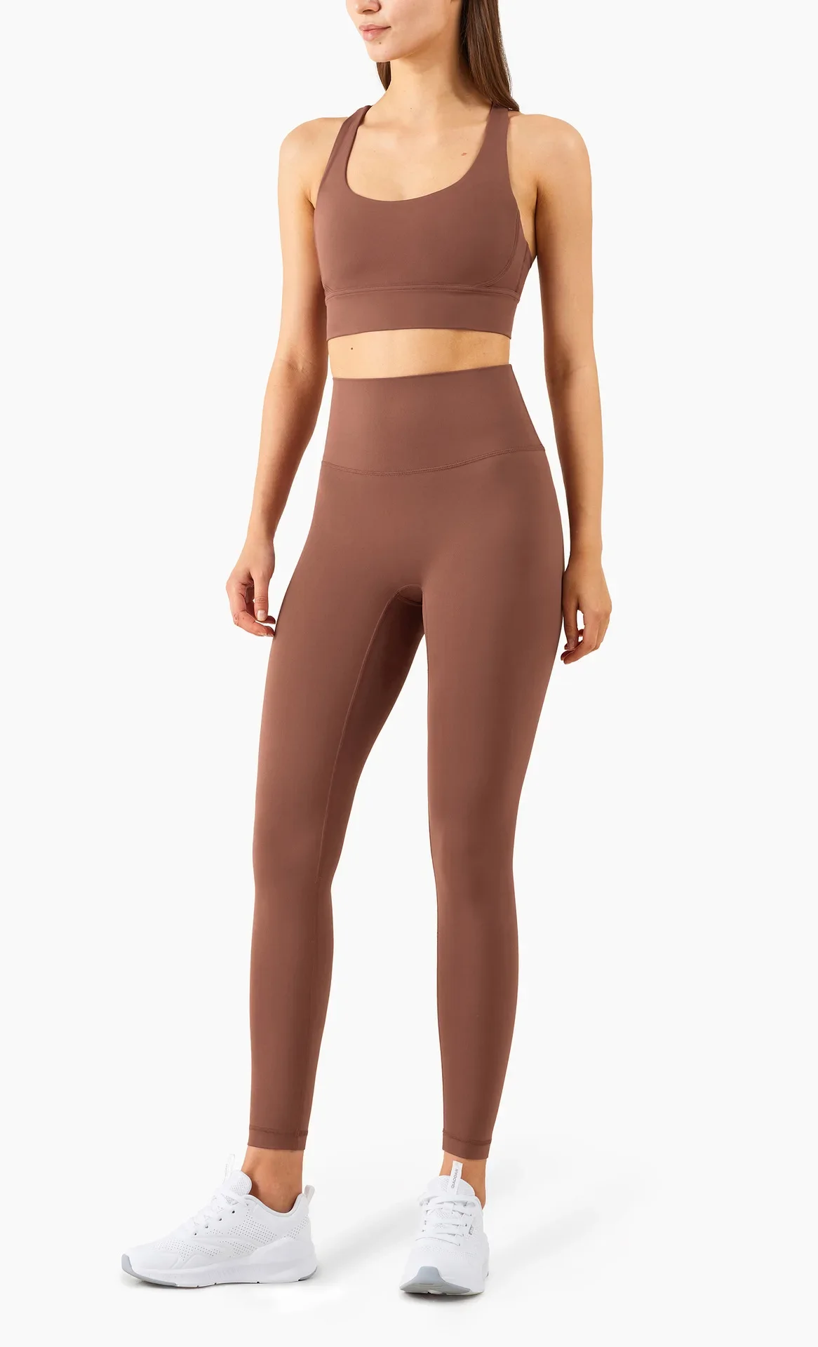 Damen Zweiteiliger Yoga-Anzug in Unifarbe, Hochintensiver Rückenfreier Yoga-BH, Hochgeschnittene Hüftlift-Leggings, Lauf- und Trainingsset – Detail 4