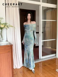 CHEERART Off The Shoulder Backless Tie Dye Long Mermaid Dress Women Mesh Long Sleeve Tunics Maxi Dress Party Evening Elegant