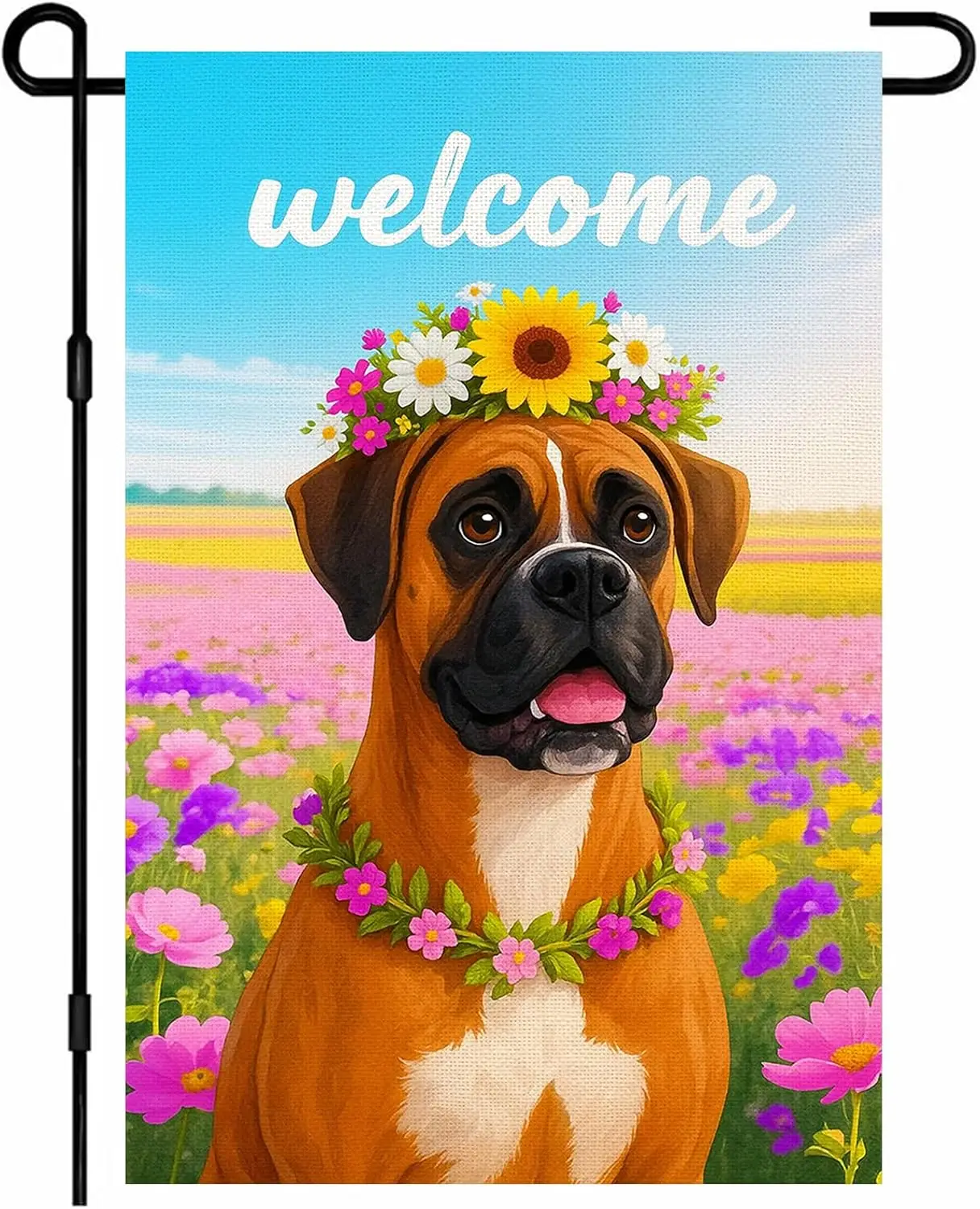 IVN Boxer Dog Garden Spring Flag 12x18 Inch German Boxer Pup Flower Crown Sunflower Daisy Pink Wildflowers Floral Double Sid PPM