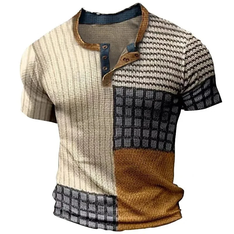 Summer 3D Printed Men's T Shirt Waffle Patchwork Textured T Shirt Cool Breathable Short Sleeve Vintage Casual Oversized Top