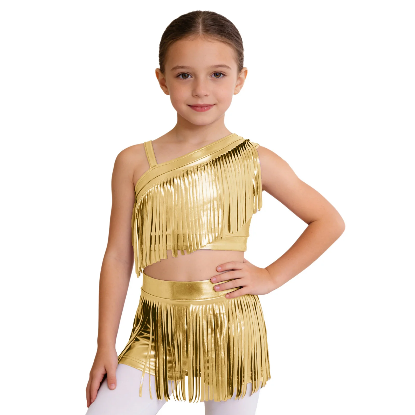 Kids Girls Jazz Dance Costume Asymmetrical Shoulder Metallic Tassels Crop Top with Shorts for Themed Party Stage Performance