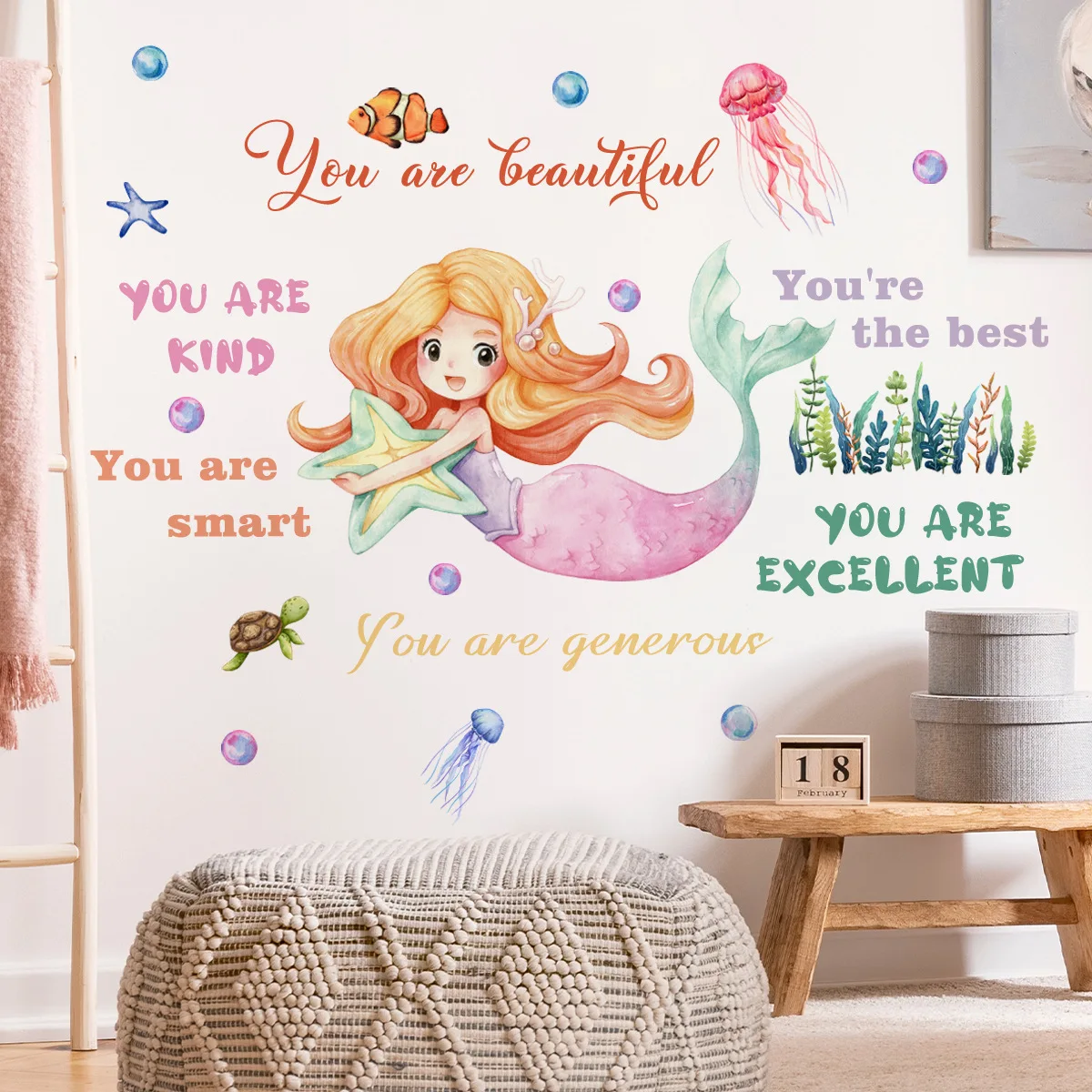 Kawaii Under Sea Wall Stickers 2pcs Cartoon Mermaid Jellyfish Seaweed Mural Decals Bedroom Living Room Background Wall Decor