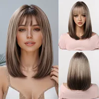 Peluca de pelo liso elegante, 40,64 cm, peluca sintética degradado dorado champán, raíces de cabello marrón-negro, fibra de alta temperatura, l
