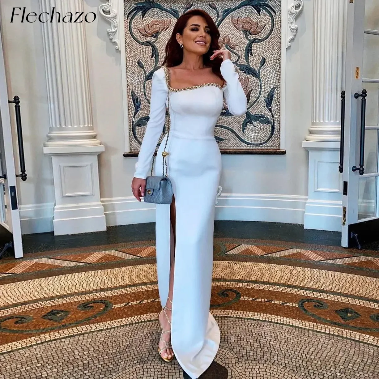 

Flechazo Wihte Evening Dresses One Shoulder Mermaid Sexy High Side Slit Beads Party Dress For Women 2024 vestidos de fiesta