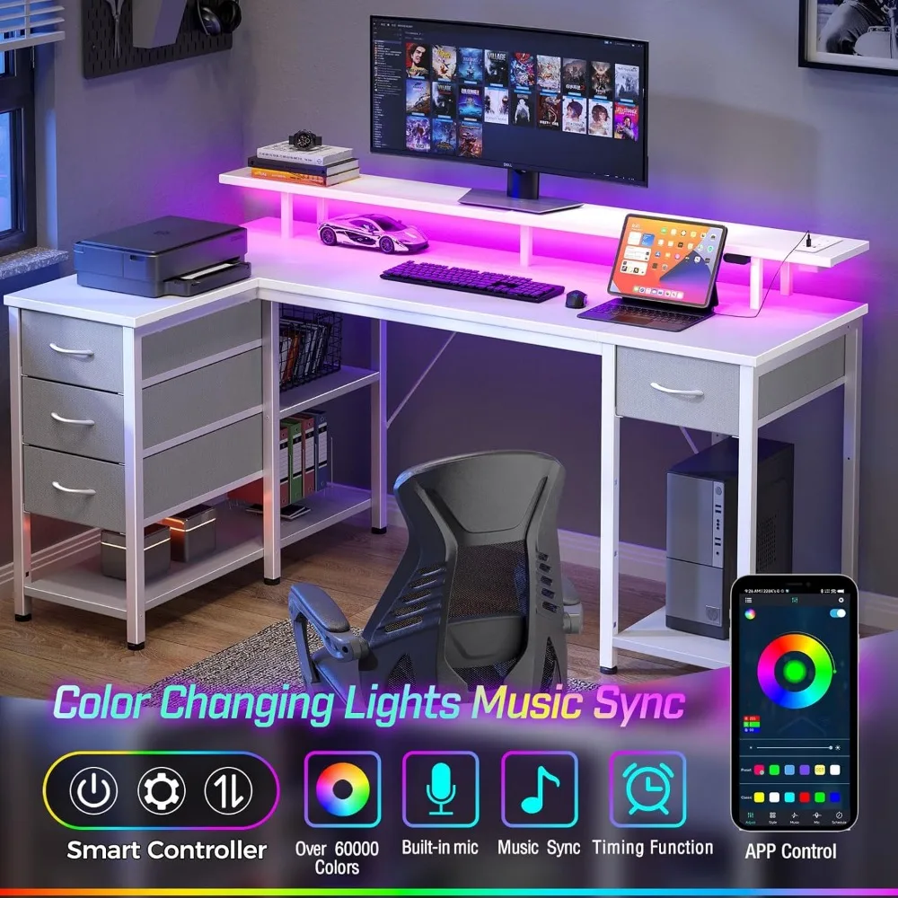 Mesa para jogos com gavetas, mesa em forma de L de 47,2 polegadas com prateleiras de armazenamento e luzes LED e tomadas de energia