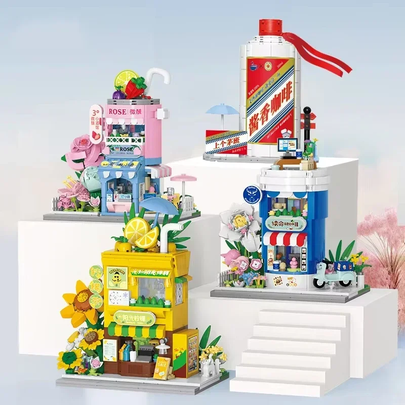 Cute Mini Store Building Blocks Coffee/Lemonade/Rose Shop Model Assembly Education Toys for Kids Girls Holiday Birthday Gifts