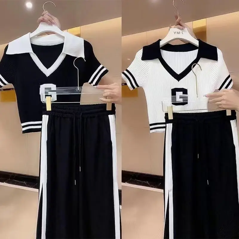 2023Fashion Casual Sports Suit Women\'s New Summer V-neck Short-sleeved T-shirt Contrast Color Wide Leg Pants Two-piece Set