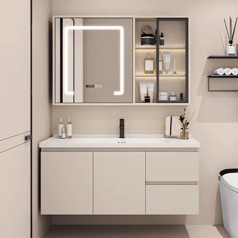 Mueble de Baño Moderno de Lujo con Espejo, Cajones y Almacenamiento para Inodoros, Gabinete de Papel y Artículos de Baño