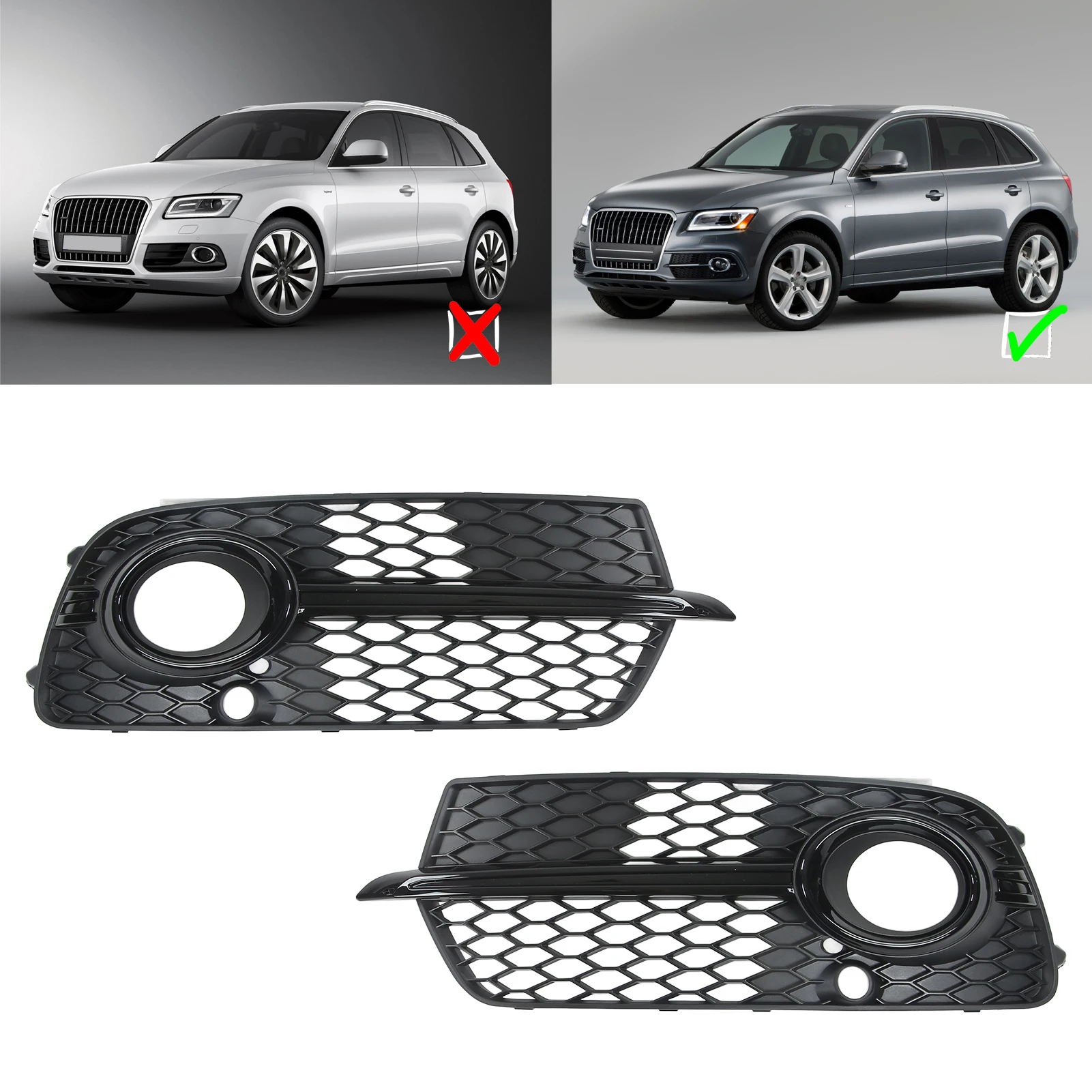 

2PCS Front Fog Light Mesh Cover Gloss Black Left Right Trim Replacement for Q5 SQ5 2013‑2017 Front Fog Light Grille