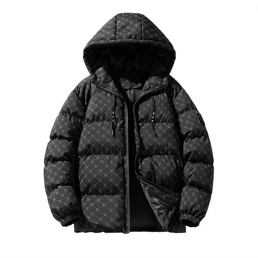 Sobretudo com capuz acolchoado de algodão grosso masculino, Parkas estampado com letras, jaqueta quente, roupas masculinas, casaco fashion, inverno, 5XL