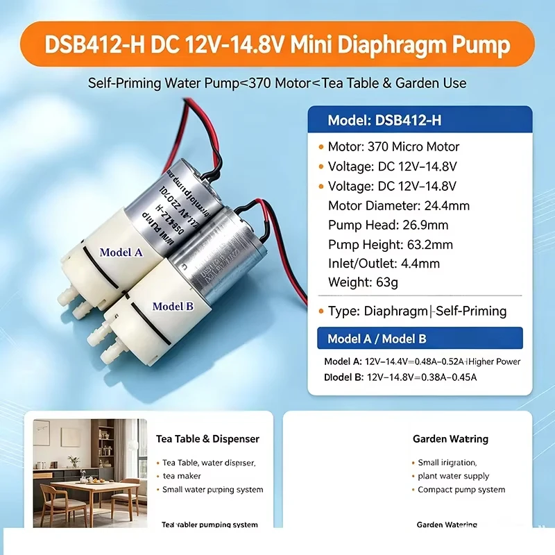 DSB412-H Diaphragm Pump DC 12V 14.4V Self-Priming Water Pump for Tea Table Garden Irrigation 1PCS