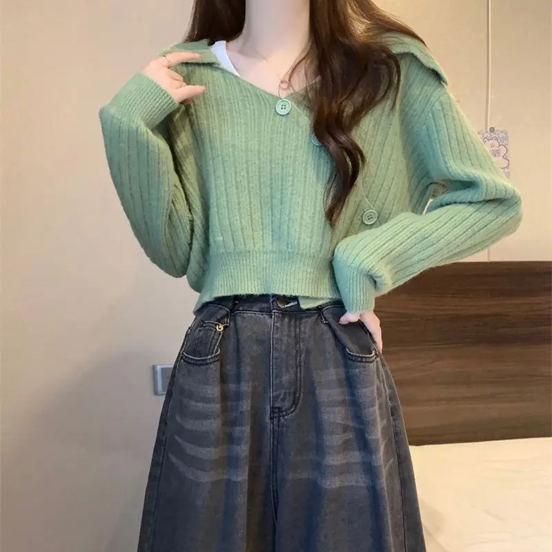 가을 겨울 프렌치 레트로 루즈 아우터 라펠 긴 소매 니트 하이웨이스트 숏 스웨터 여성용